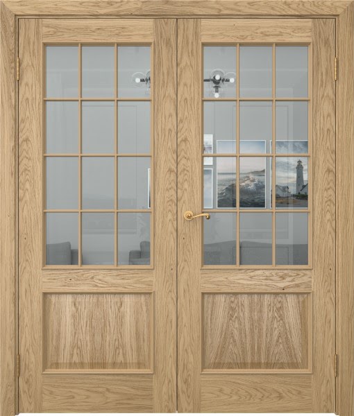Распашная двустворчатая дверь SK011 (шпон натурального дуба, стекло прозрачное)