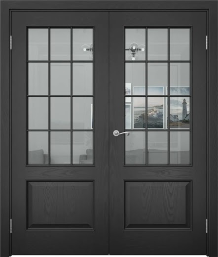 Распашная двустворчатая дверь SK011 (шпон ясень черный, стекло прозрачное)