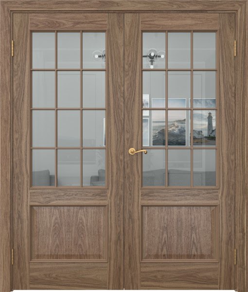 Распашная двустворчатая дверь SK011 (шпон американский орех, стекло прозрачное)