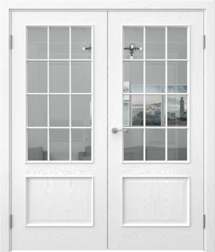 Распашная двустворчатая дверь SK011 (шпон ясень белый, стекло прозрачное)