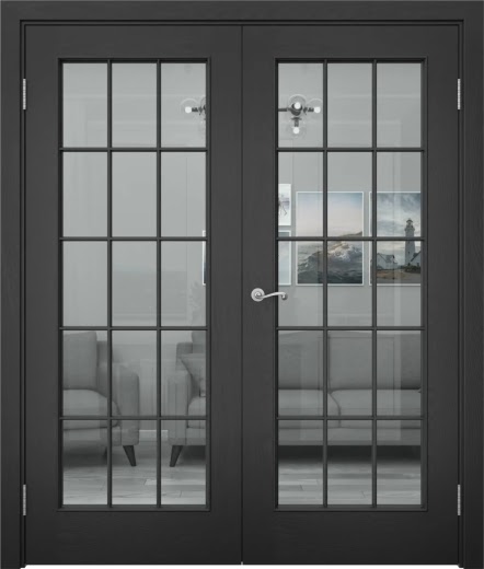 Распашная двустворчатая дверь SK005 (шпон ясень черный, стекло прозрачное)