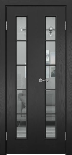 Распашная двустворчатая дверь SK005 (шпон ясень черный, стекло прозрачное, 40 см)