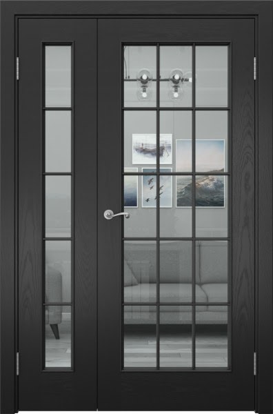 Распашная полуторная дверь SK005 (шпон ясень черный, стекло прозрачное)