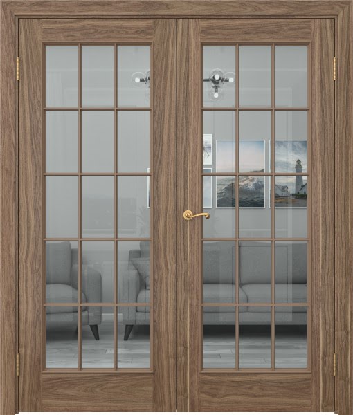 Распашная двустворчатая дверь SK005 (шпон американский орех, стекло прозрачное)