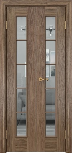 Распашная двустворчатая дверь SK005 (шпон американский орех, стекло прозрачное, 40 см)