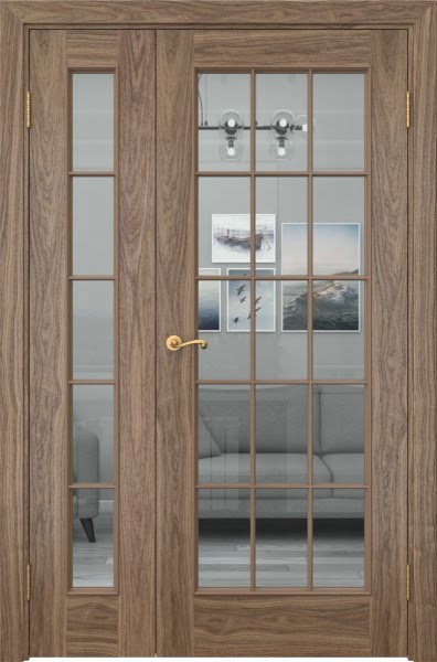 Распашная полуторная дверь SK005 (шпон американский орех, стекло прозрачное)