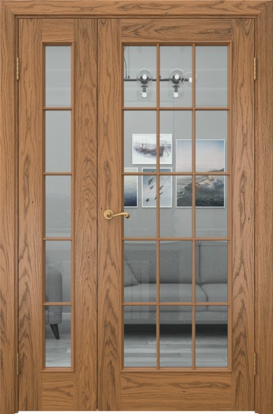 Распашная полуторная дверь SK005 (шпон «дуб античный с патиной», стекло прозрачное)