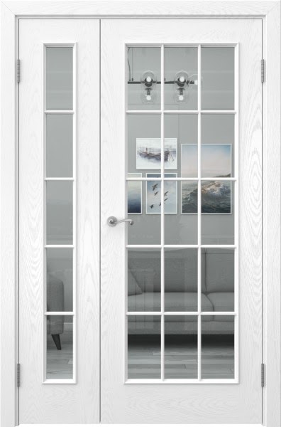 Распашная полуторная дверь SK005 (шпон ясень белый, стекло прозрачное)