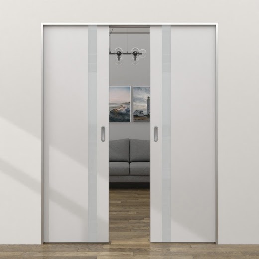 Двустворчатая дверь-пенал ZM007 (экошпон «светло-серый», лакобель лунный, алюминиевая кромка с 4 сторон)