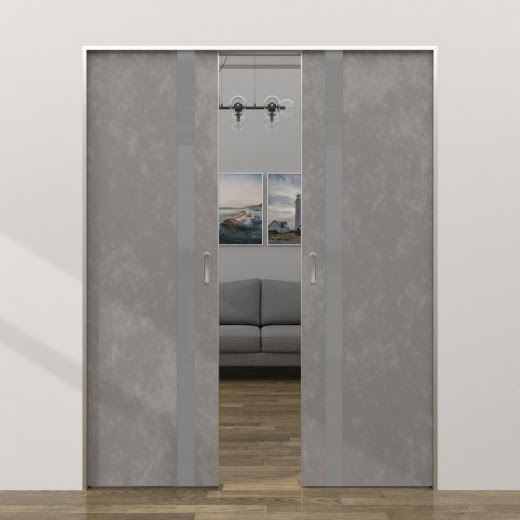 Двустворчатая дверь-пенал ZM007 (экошпон «бетон», лакобель серый, алюминиевая кромка с 4 сторон)
