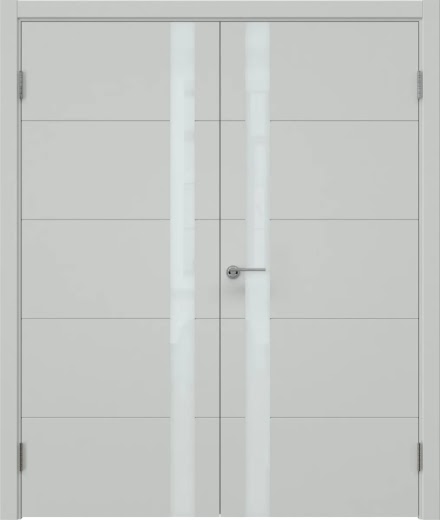 Распашная двустворчатая дверь ZM033 (эмаль светло-серая, лакобель белый)