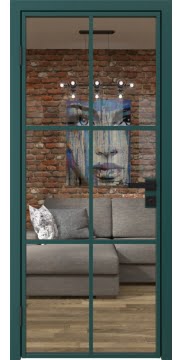 Межкомнатная дверь, 3AG (алюминиевая зеленая, стекло прозрачное)