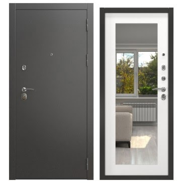 Железная дверь ALFA-00/69M (антик серебро / шагрень белая, с зеркалом)