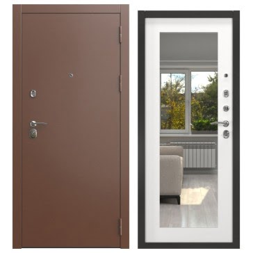 Стальная дверь ALFA-00/69M (антик медь / шагрень белая, с зеркалом)