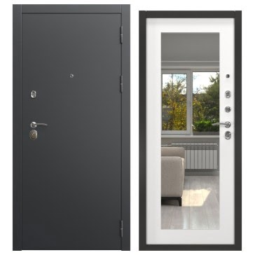 Входная дверь с зеркалом  ALFA-00/69M (черный муар / шагрень белая, с зеркалом)