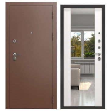 Входная дверь с зеркалом  ALFA-00/71M (антик медь / шагрень белая, зеркало)