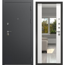 Входная дверь с зеркалом  ALFA-00/71M (черный муар / шагрень белая, зеркало)