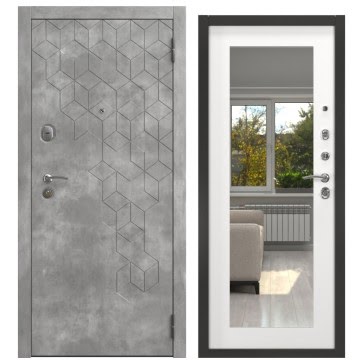Входная дверь с зеркалом  ALFA-126/69M (бетон темный / шагрень белая, с зеркалом)