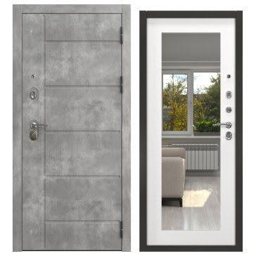 Входная дверь с зеркалом  ALFA-130/69M (бетон темный / шагрень белая, с зеркалом)