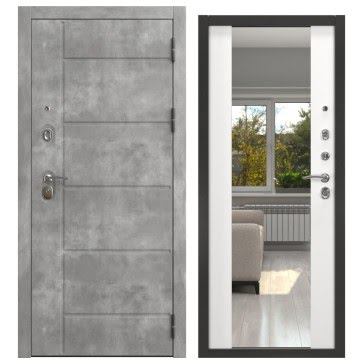 Входная дверь с зеркалом  ALFA-130/71M (бетон темный / шагрень белая, зеркало)