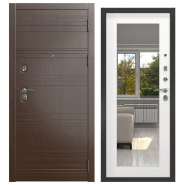 Стальная дверь ALFA-39/69M (дуб шоколад / шагрень белая, с зеркалом)