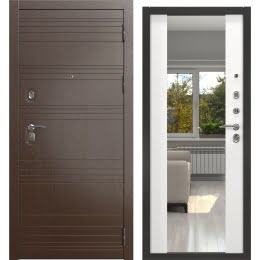 Входная дверь с зеркалом  ALFA-39/71M (дуб шоколад / шагрень белая, зеркало)