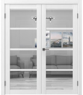 Распашная двустворчатая дверь FK027 (экошпон белый, стекло прозрачное) — 15159