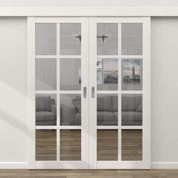 Раздвижная двустворчатая дверь  FK028 (белая, прозрачное стекло)