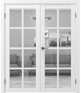 Межкомнатная двустворчатая распашная дверь FK028 (экошпон белый FL, стекло прозрачное)