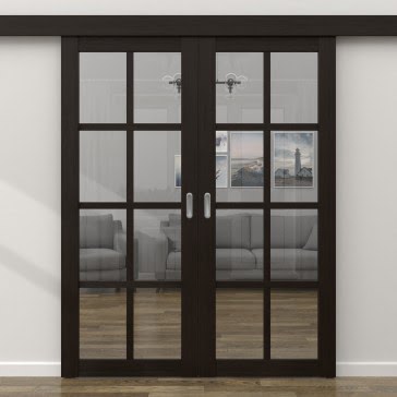 Двустворчатая раздвижная дверь FK028 (экошпон «венге FL», прозрачное стекло) — 16089