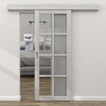 Раздвижная одностворчатая дверь FK028 (экошпон «серый дуб» FL», прозрачное стекло) — 16148