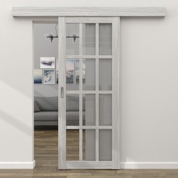 Раздвижная одностворчатая дверь FK029 (серый дуб, прозрачное стекло)