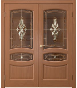 Распашная двустворчатая дверь FK030 (шпон анегри, витраж) — 15132