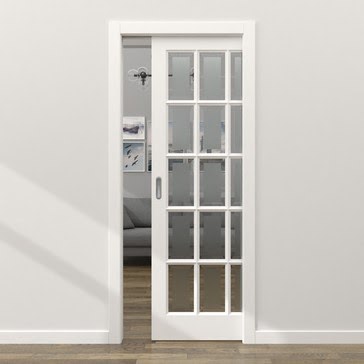 Дверь пенал раздвижная, встроенная FM001 (массив сосны, эмаль белая, стекло с фацетом)