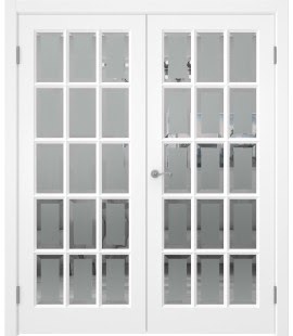 Двустворчатая дверь FM001 (массив сосны, эмаль белая, стекло с фацетом)