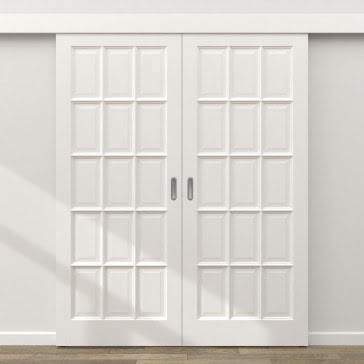 Двустворчатая раздвижная  дверь FM001 (массив сосны, эмаль белая, глухая) — 16036