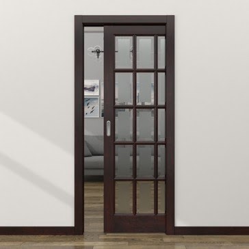 Дверь пенал раздвижная, встроенная FM001 (массив сосны «венге», стекло с фацетом)