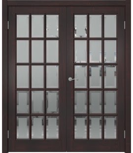 Двустворчатая дверь FM001 (массив сосны, лакированная с морилкой, стекло с фацетом)