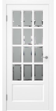 Дверь филенчатая, FM002 (массив сосны, эмаль белая, стекло с фацетом)
