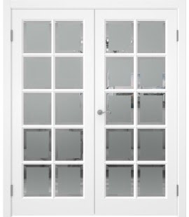 Распашная двустворчатая дверь FM003 (массив сосны, эмаль белая, стекло с фацетом) — 15220
