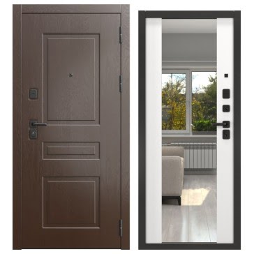 Входная дверь с зеркалом  FORT-150/71M (дуб шоколад / шагрень белая, с зеркалом)