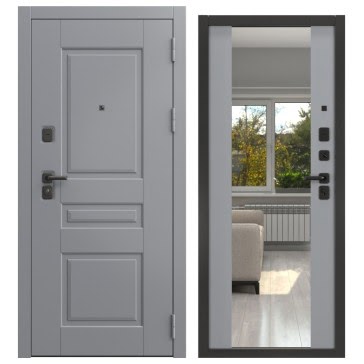 Входная дверь с зеркалом  FORT-150/71M (графит муар / шагрень серая, зеркало)