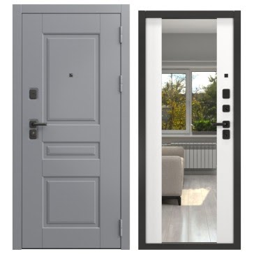 Утепленная входная дверь  FORT-150/71M (графит муар / шагрень белая, с зеркалом)