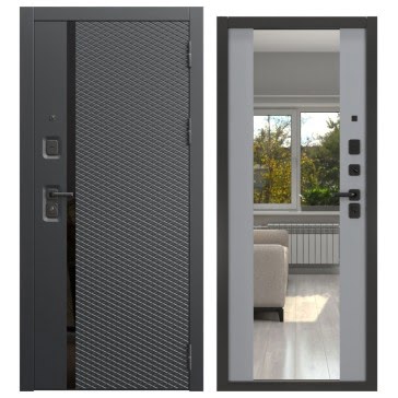 Утепленная входная дверь  FORT-158/71M (черный муар / шагрень серая, с зеркалом)
