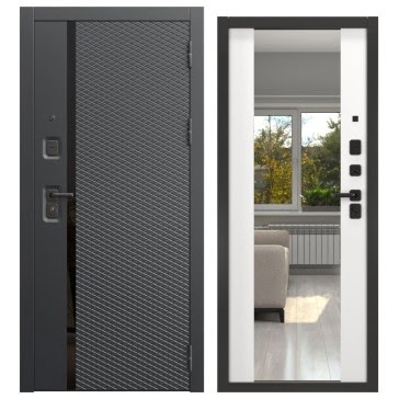 Утепленная входная дверь  FORT-158/71M (черный муар / шагрень белая, зеркало)