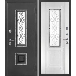 Входная дверь для квартиры  Идеал-9 (антик серебро / белый ясень, с ковкой и стеклом)