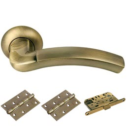 Фурнитура для дверей. MH02MAB-AB-MS4BB (Комплект бронза – античная бронза: дверная ручка ЦАМ, защелка, 2 петли)