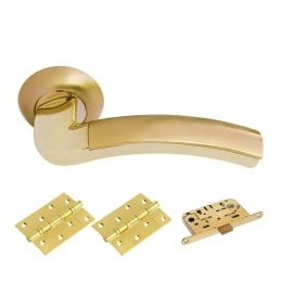 Фурнитура для дверей. MH02SG-GP-MS4BB (Комплект матовое золото – золото: дверная ручка ЦАМ, защелка, 2 петли)