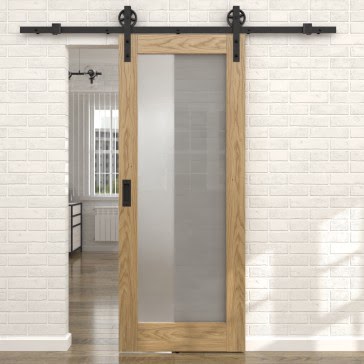 Раздвижная амбарная дверь RL001 (натуральный шпон дуба, остекленная) — 15501