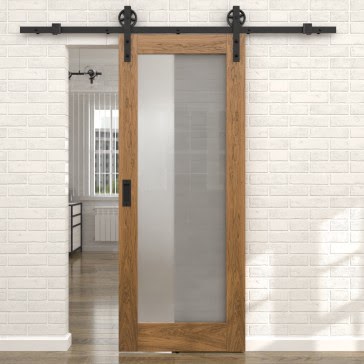Раздвижная амбарная дверь RL001 (шпон дуб античный с патиной, стекло сатинато)
